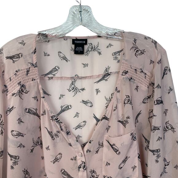 TORRID Sz 2 Sheer Pink Top Bird Novelty Print Flowy Roll Tab Sleeves Pullover - Picture 6 of 6